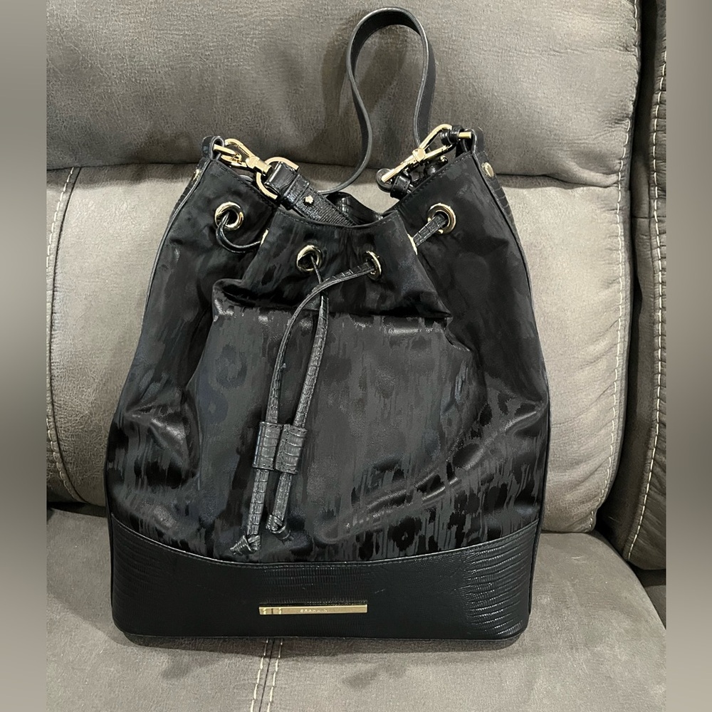 Brahmin Selene Leopard Print  Black Bucket Bag with Gold Accent